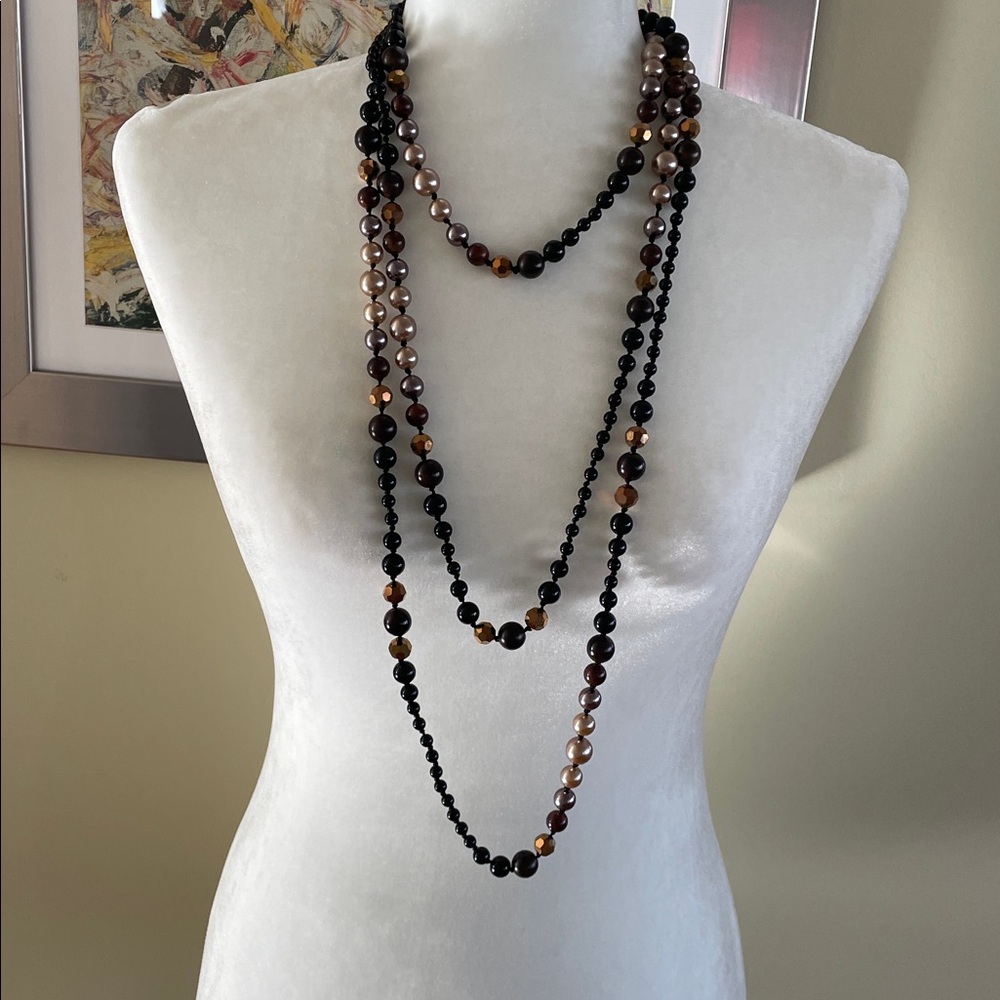 VINTAGE EXTRA-LONG 90” BEADED NECKLACE Mixed Neutral Statement Flapper Necklace